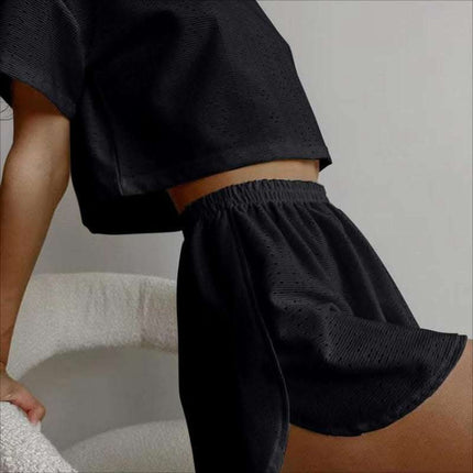 2pcs Casual Hollow Suit With Short-sleeved Crop Top And Elastic Slit Shorts Summer Fashion Sport Clothing For Women Fendax 4