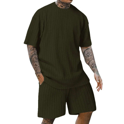 Men's Sports Solid Color Round Neck Pullover Vertical Pattern T-shirt Two-piece Set Fendax 0