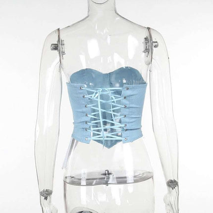 Y2K Denim Tube Vest Top With Back-tied Design INS Fashion Crop Corset Tank For Women Clothing Fendax 0