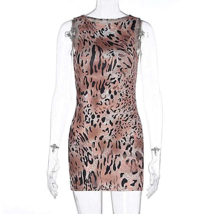 Sleeveless Leopard-print Slim-fit Hip-wrapped Short Dress Fendax 0