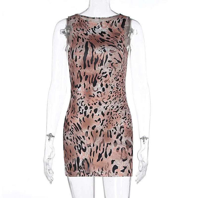 Sleeveless Leopard-print Slim-fit Hip-wrapped Short Dress Fendax 0