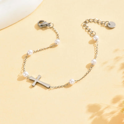 White Pearl Chain Bracelet Stainless Steel Cross Faith