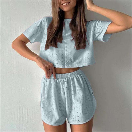 2pcs Casual Hollow Suit With Short-sleeved Crop Top And Elastic Slit Shorts Summer Fashion Sport Clothing For Women Fendax 4