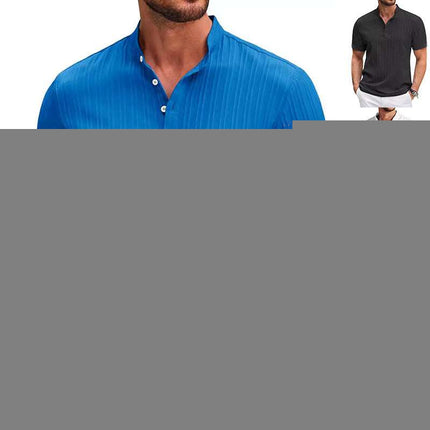 Summer Stand Collar Buttons Short Sleeve T-shirt Solid Color Stripe POLO Shirt Fashion Casual Beach Clothing For Men
