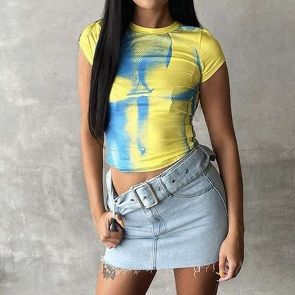 Summer Fashion Personality Hipster Contrast Color Sexy Digital 3D Printing Slim-fit Crop-top