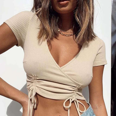 Short Sleeve V-neck Sexy Drawstring Top Fendax 0