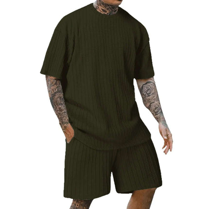 Men's Sports Solid Color Round Neck Pullover Vertical Pattern T-shirt Two-piece Set Fendax 0