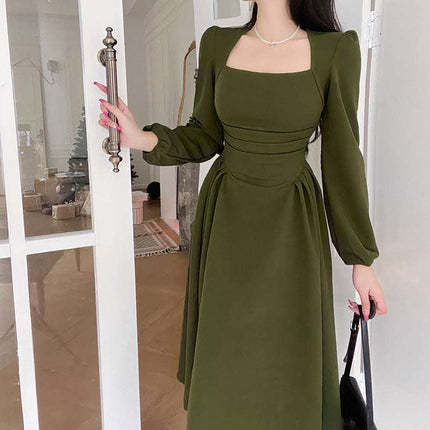 Women's Spring Clothing Woven Square Collar Pleated Skirt Dress