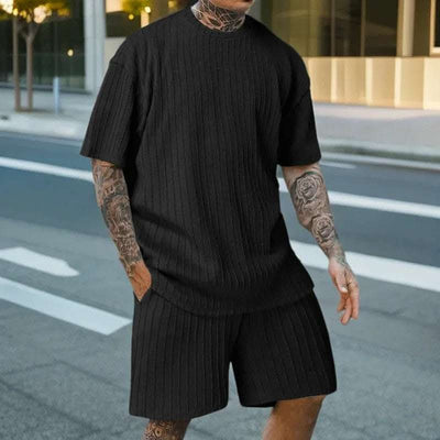 Men's Sports Solid Color Round Neck Pullover Vertical Pattern T-shirt Two-piece Set Fendax 0