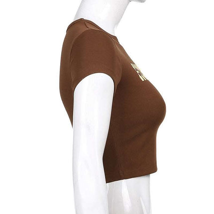 Vintage Brown Letter Print Bottoming Casual Crop Top Fendax 0
