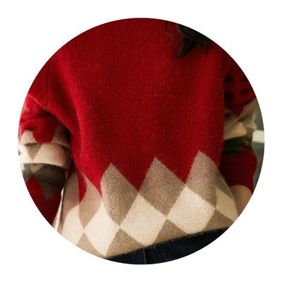 Red Round-neck Knitwear Loose Sweater For Women