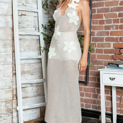 Crochet Flower Halter Neck Knit Dress Fendax Women