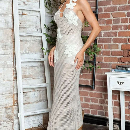 Crochet Flower Halter Neck Knit Dress Fendax Women