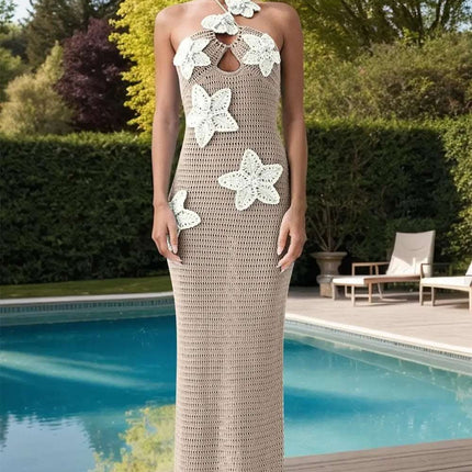 Crochet Flower Halter Neck Knit Dress Fendax Women