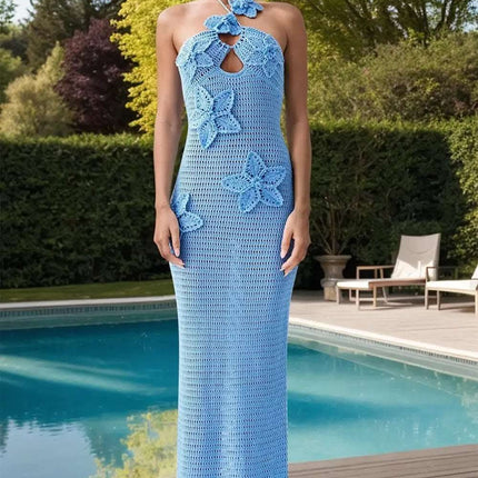 Crochet Flower Halter Neck Knit Dress Fendax Women