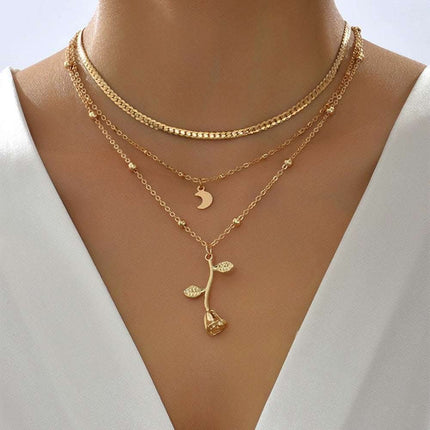 Bohemia Multilayer Moon Gold Color Pendant Necklaces For Women Rose Flower Choker Necklace 2025 Fashion Jewelry Party Gift Valentine's Day Gifts Fendax 0