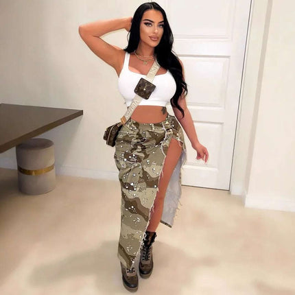 Women's Fashion Personalized Camouflage Wash Pocket Slit Tassel Skirt Fendax 0