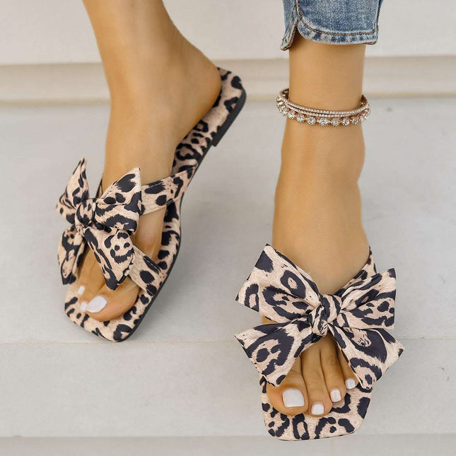 Women's Bow Leopard Print Square Toe Sandals Fendax 0