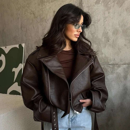Lady Temperament Short Lace Up Leather Coat Fendax 0