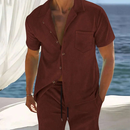 Men's Europe And America Cross Border Polyester Short Sleeve Cuban Collar Shirt Summer Suit Fendax 0