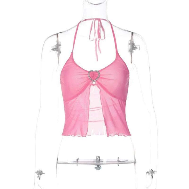 Hot Girl's Sexy Pink Mesh Stitching Chest-wrapped Halter Vest Fendax 0