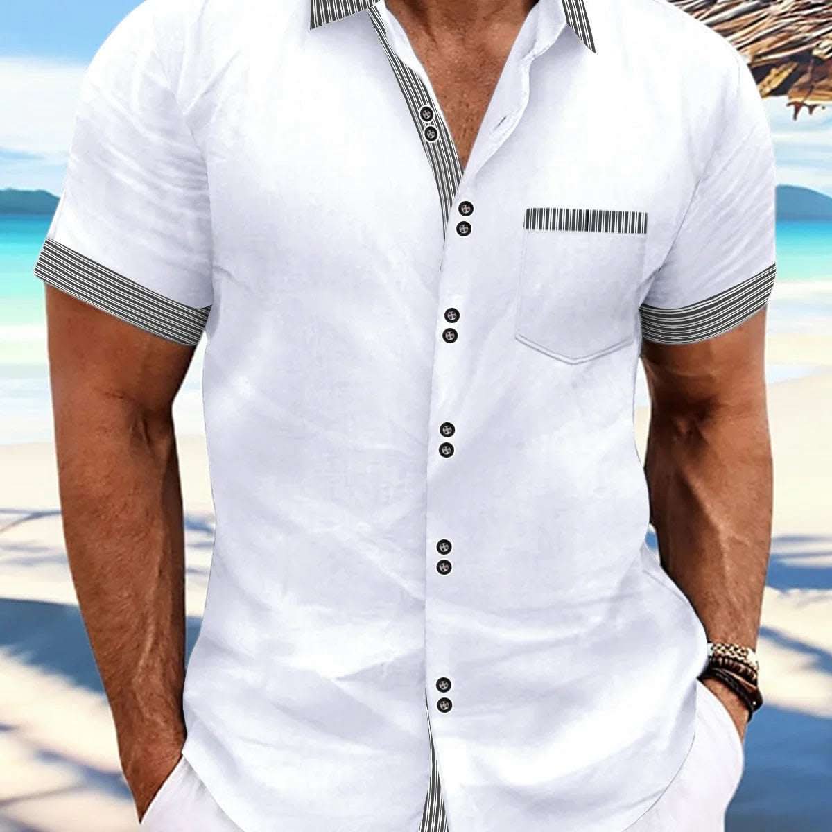 Striped Double Button Short Sleeve Casual Shirt Fendax 0