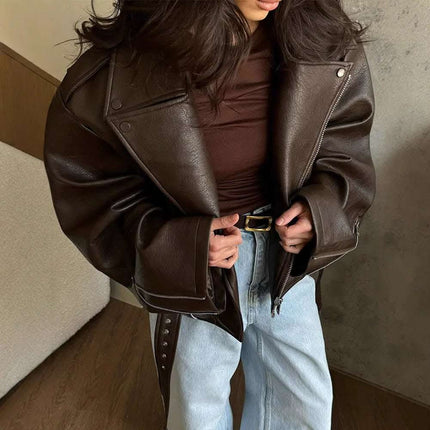 Lady Temperament Short Lace Up Leather Coat Fendax 0