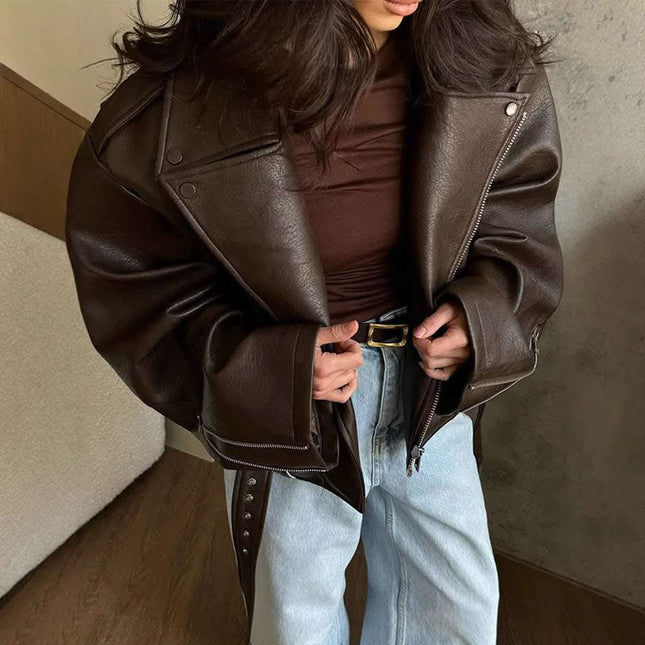 Lady Temperament Short Lace Up Leather Coat Fendax 0