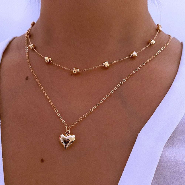 Double-layer Heart Pendant Fine Chain Necklace For Women Multilayer Gold Color Metal Necklaces Fashion Jewelry Accessories Fendax 0