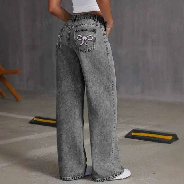 Vintage Bow Embroidered Washed Jeans For Women Straight Loose Trousers Fendax 0