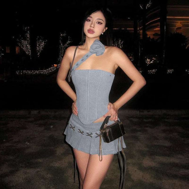 Spring New Women's Solid Color Slim-fitting Suspenders Vest Sexy Low Waist Pleated Skirt Fendax 0