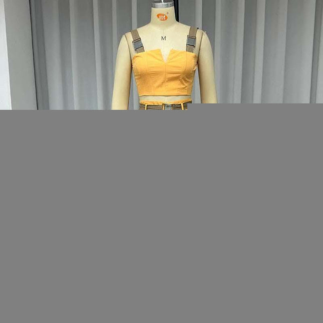 European And American Crop-top Spaghetti-strap High Waist Straight Pants Two-piece Set Fendax 0