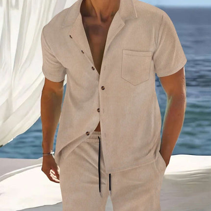 Men's Europe And America Cross Border Polyester Short Sleeve Cuban Collar Shirt Summer Suit Fendax 0