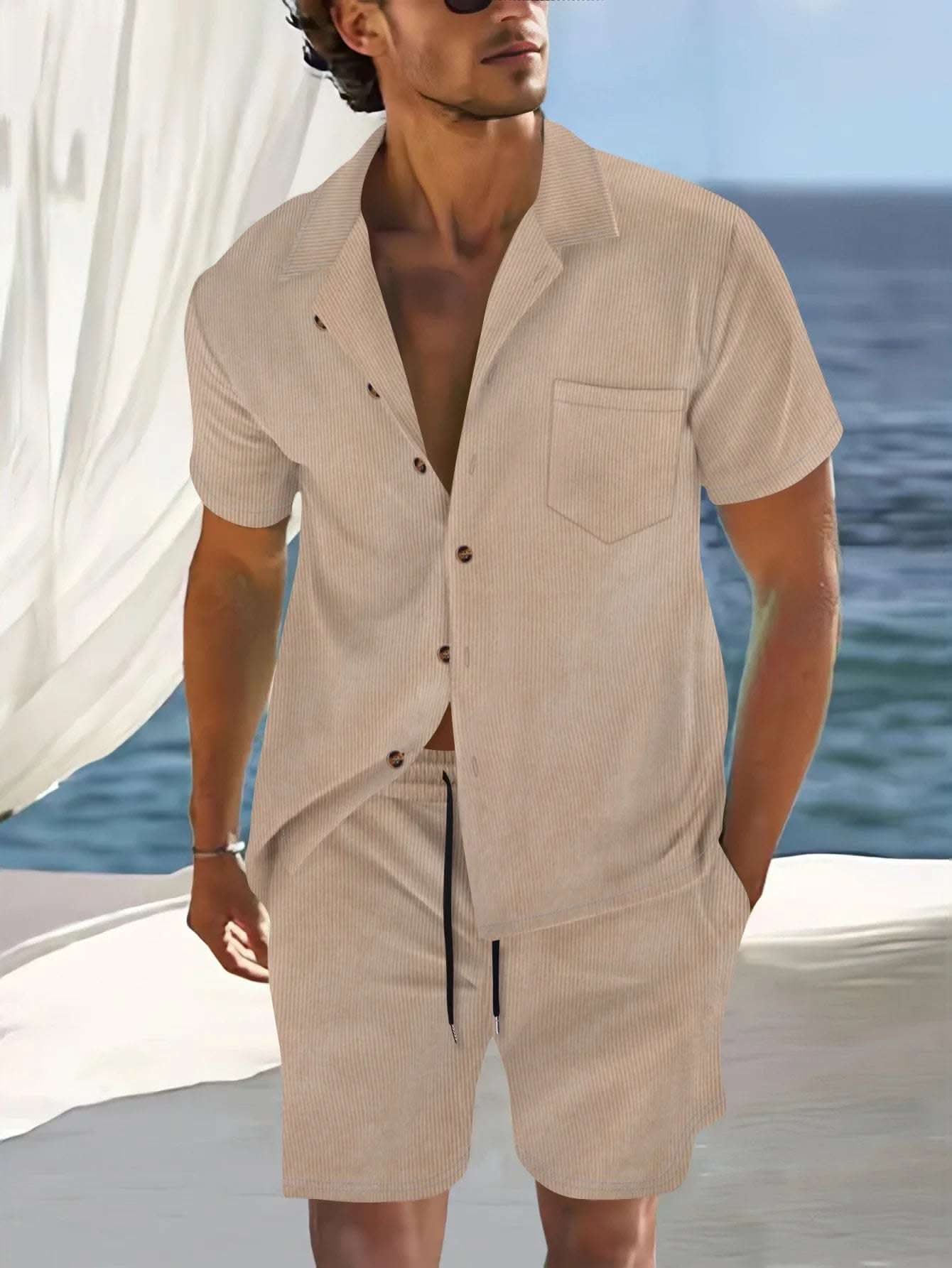 Men's Europe And America Cross Border Polyester Short Sleeve Cuban Collar Shirt Summer Suit Fendax 0