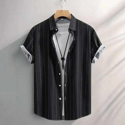 Summer Men's Fashion Trend Stripes Short Sleeve Stand Collar Shirt Fendax 0