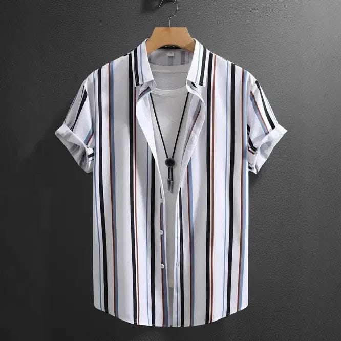 Summer Men's Fashion Trend Stripes Short Sleeve Stand Collar Shirt