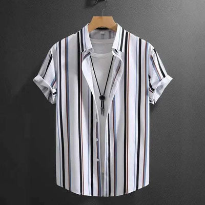 Summer Men's Fashion Trend Stripes Short Sleeve Stand Collar Shirt