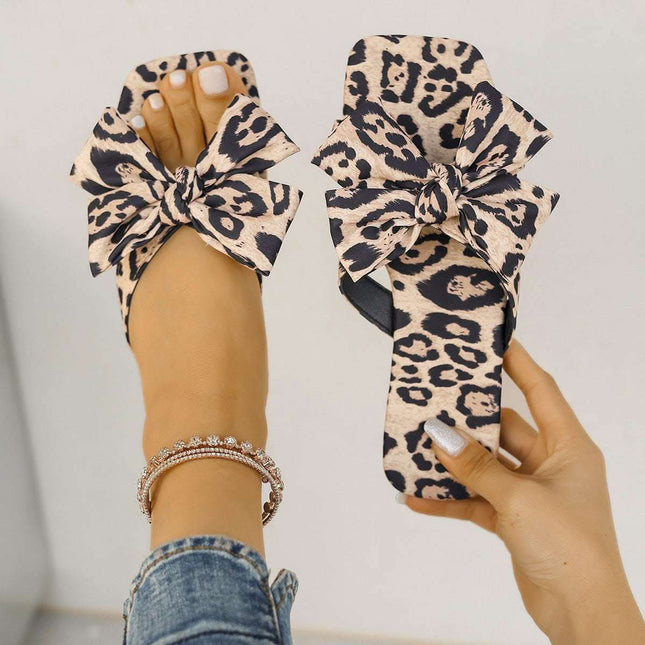 Women's Bow Leopard Print Square Toe Sandals Fendax 0