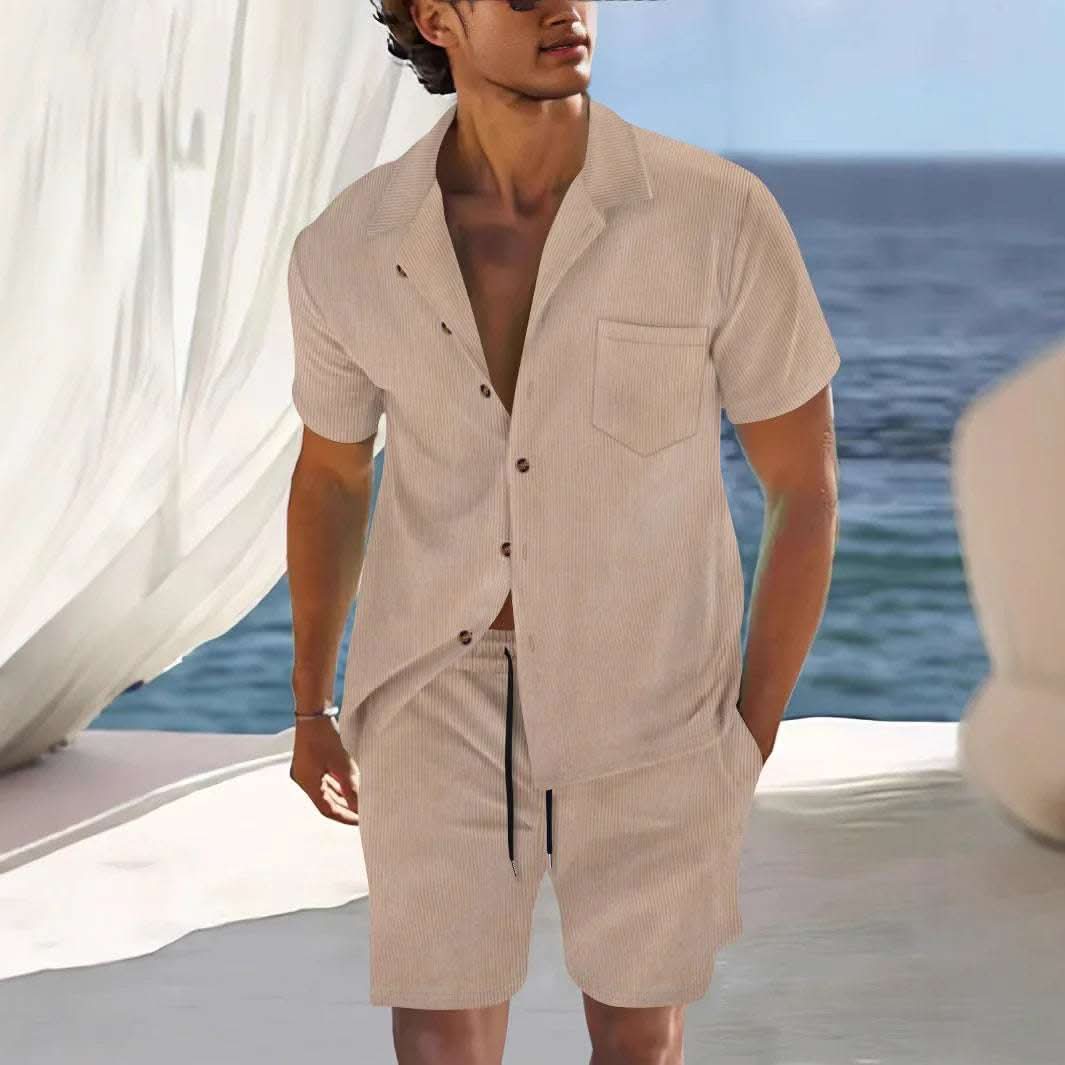 Men's Europe And America Cross Border Polyester Short Sleeve Cuban Collar Shirt Summer Suit