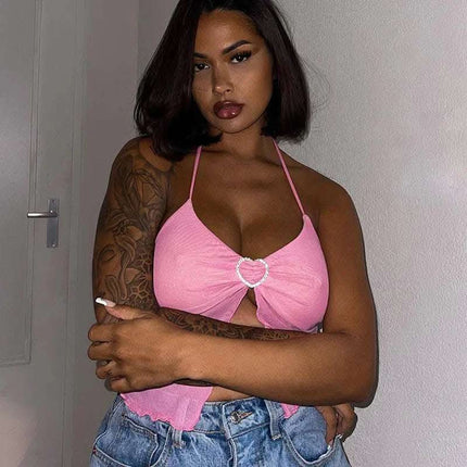 Hot Girl's Sexy Pink Mesh Stitching Chest-wrapped Halter Vest Fendax 0