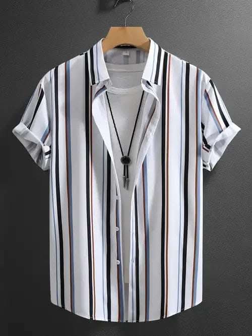 Summer Men's Fashion Trend Stripes Short Sleeve Stand Collar Shirt Fendax 0