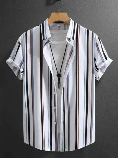 Summer Men's Fashion Trend Stripes Short Sleeve Stand Collar Shirt Fendax 0