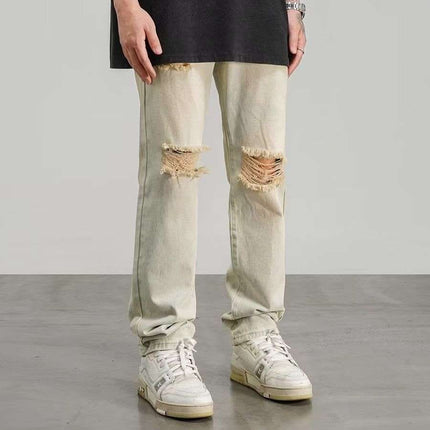 Ripped Jeans Men's Thin Yellow Mud Color Wide Leg Fendax 0