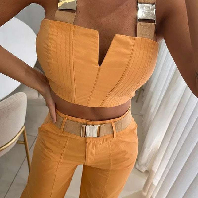 European And American Crop-top Spaghetti-strap High Waist Straight Pants Two-piece Set Fendax 0