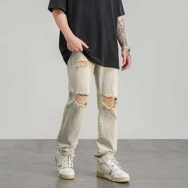 Ripped Jeans Men's Thin Yellow Mud Color Wide Leg Fendax 0