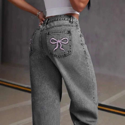Vintage Bow Embroidered Washed Jeans For Women Straight Loose Trousers Fendax 0
