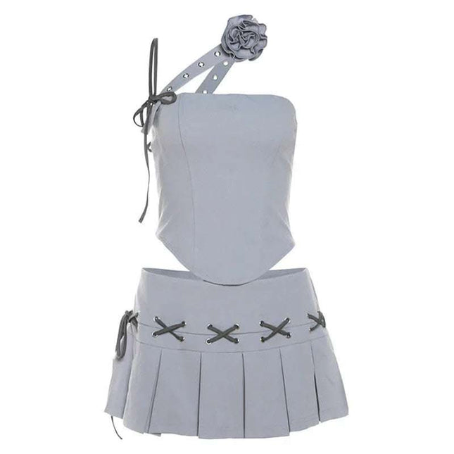 Spring New Women's Solid Color Slim-fitting Suspenders Vest Sexy Low Waist Pleated Skirt Fendax 0