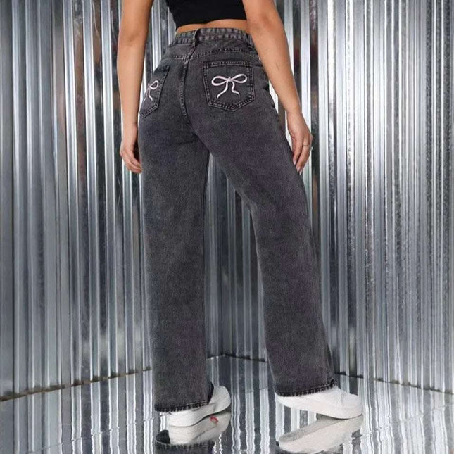 Embroidered Jeans High Waist Straight Loose Casual Trousers Women Fendax 0