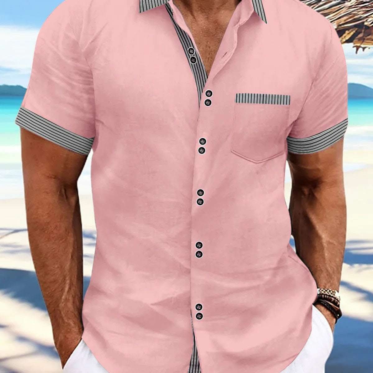 Striped Double Button Short Sleeve Casual Shirt Fendax 0