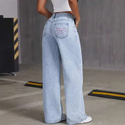 Vintage Bow Embroidered Washed Jeans For Women Straight Loose Trousers Fendax 0